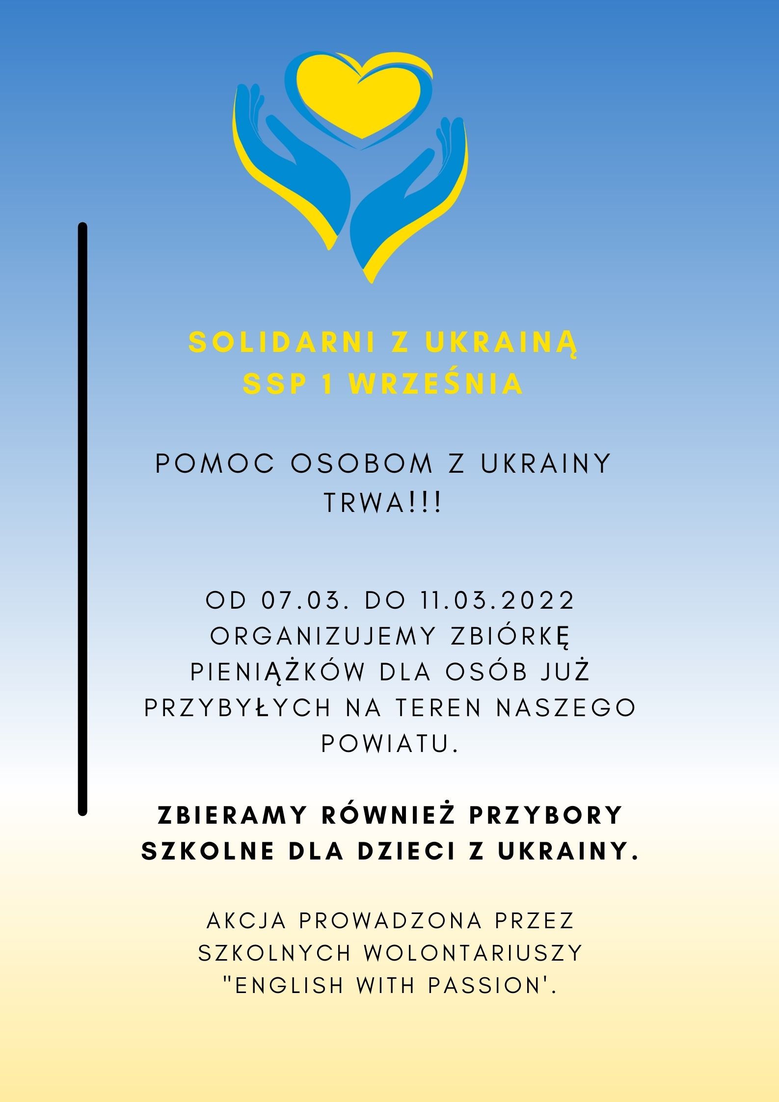 Solidarni z ukrainą SSP 1 Września Zbiórka dla osób z Ukrainy trwa