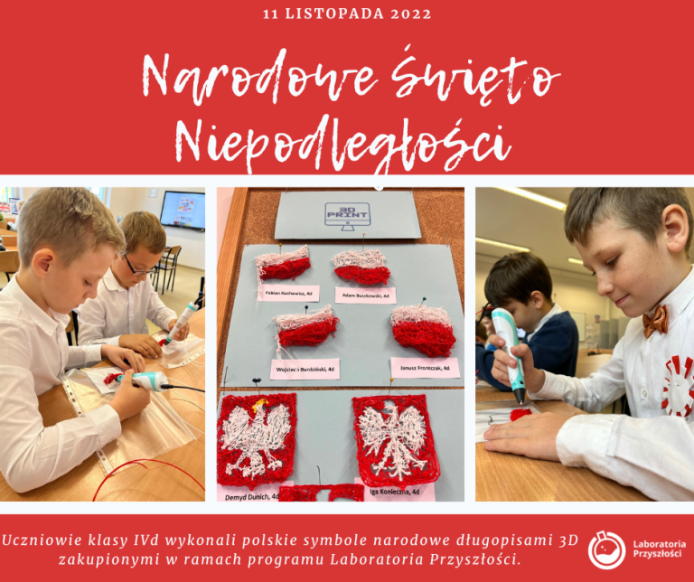 Dzieci drukujące za pomocą długopisów 3d flagi Polski oraz godło