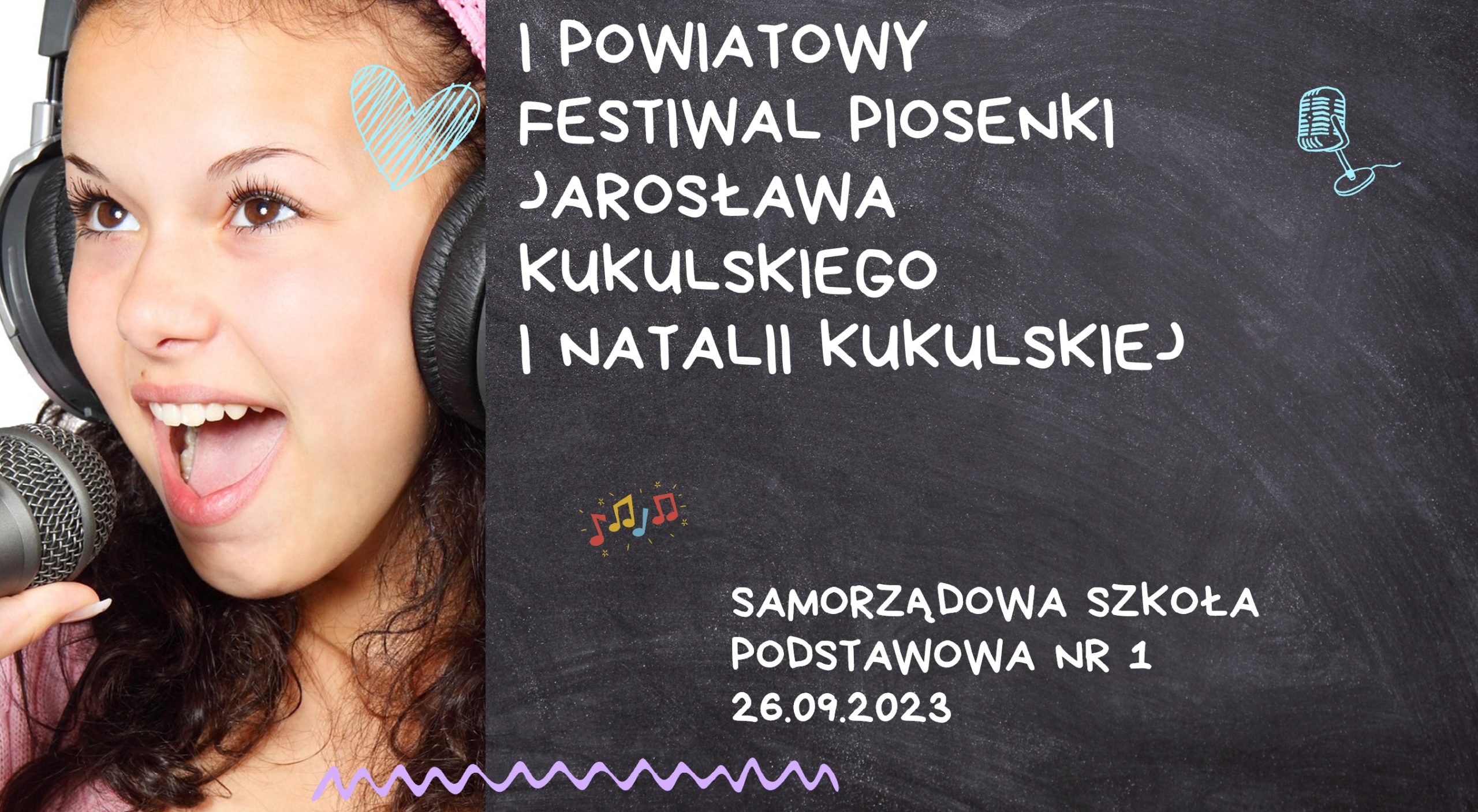 Plakat z nazwą festiwalu i zdjęciem dziewczynki śpiewającej do mikrofonu